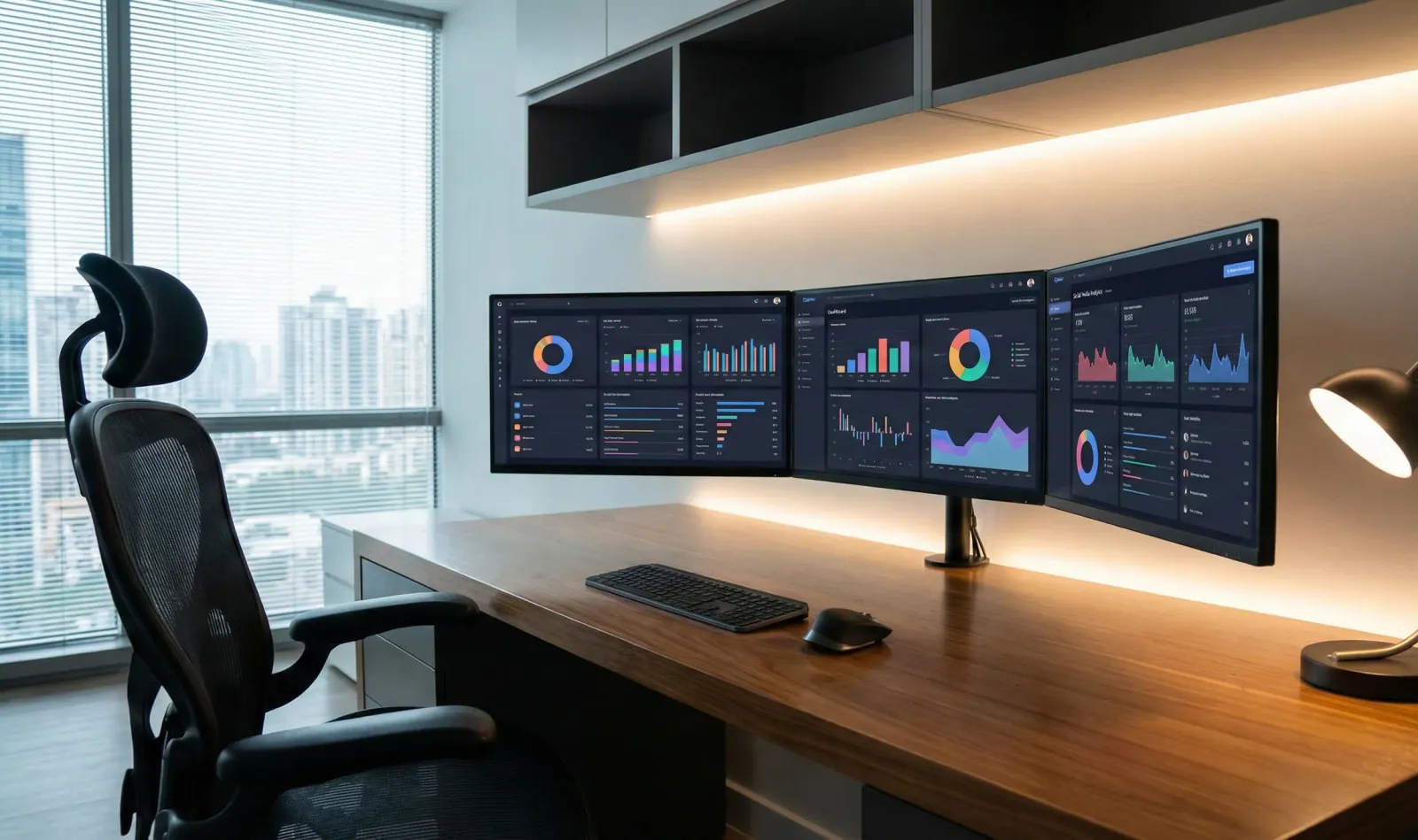 Desk with three monitors showing generic analytics dashboards beside a window