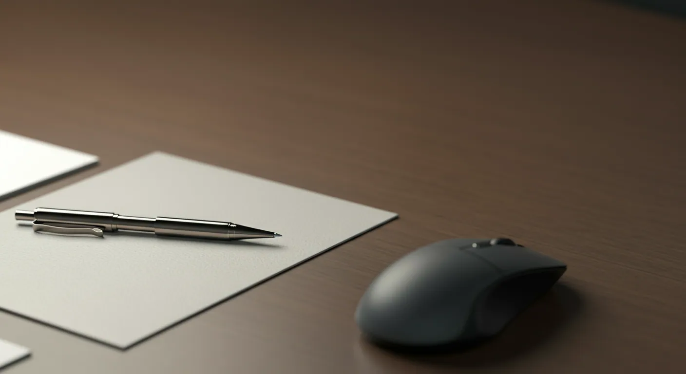 Silver pen on a sheet of paper beside a black computer mouse