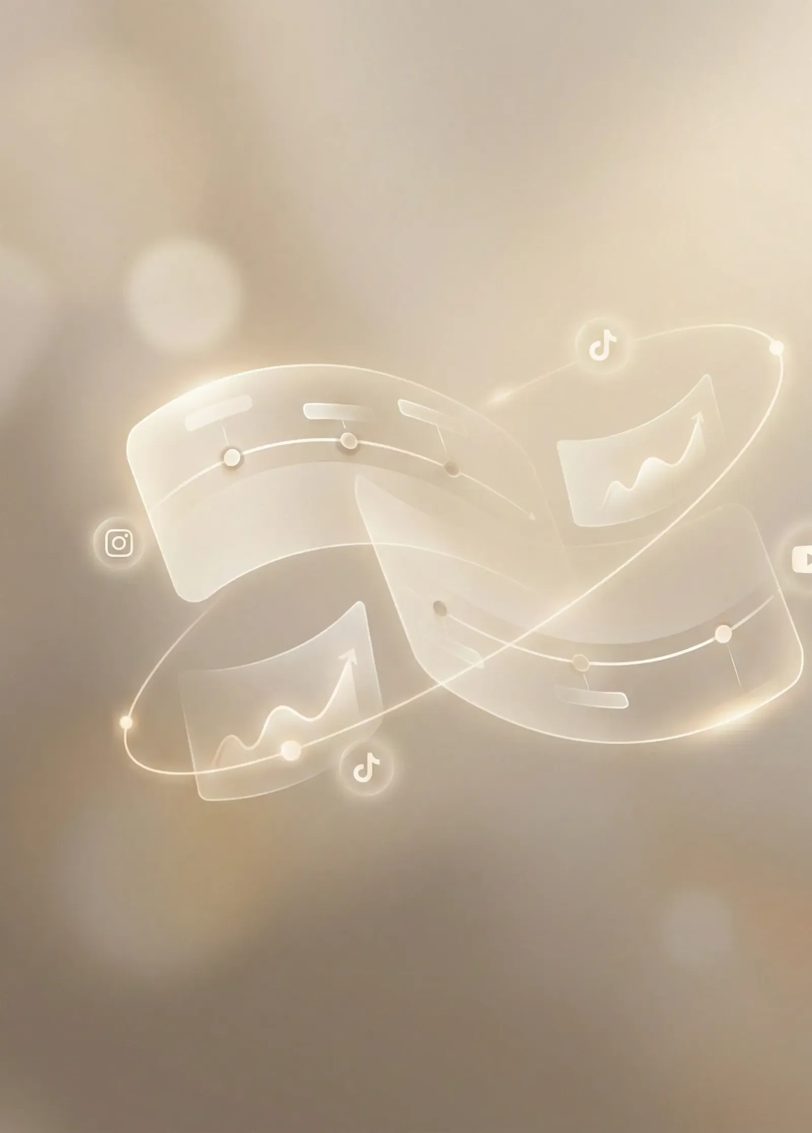 Abstract glass ribbons with rising charts and Instagram, TikTok and YouTube icons