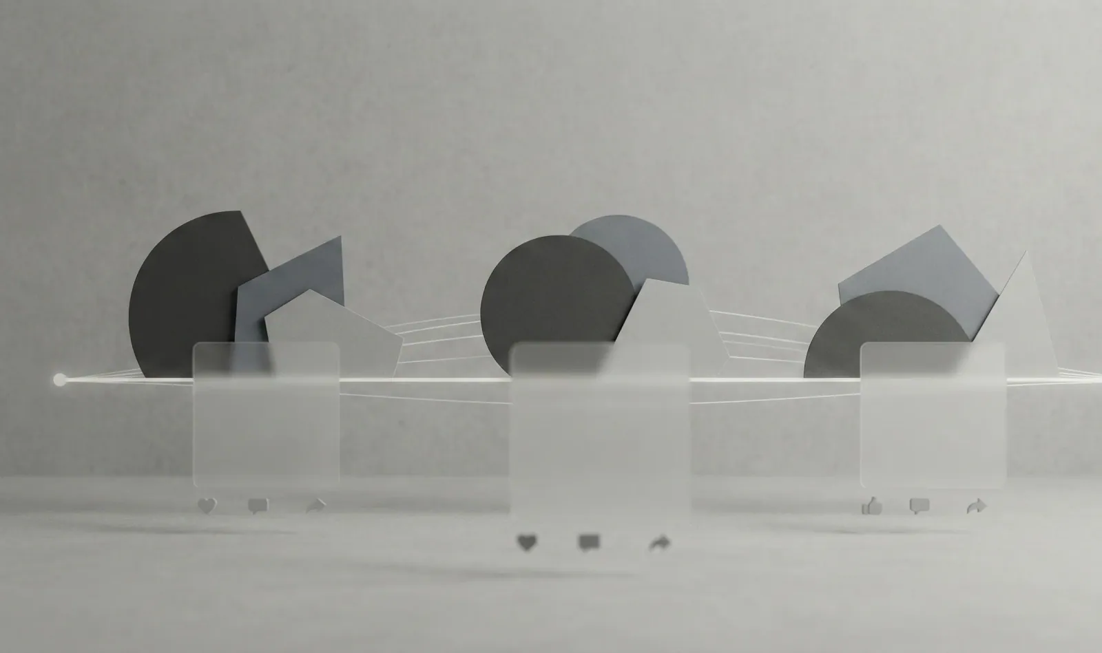 Abstract paper shapes behind frosted post cards with like, comment and share icons