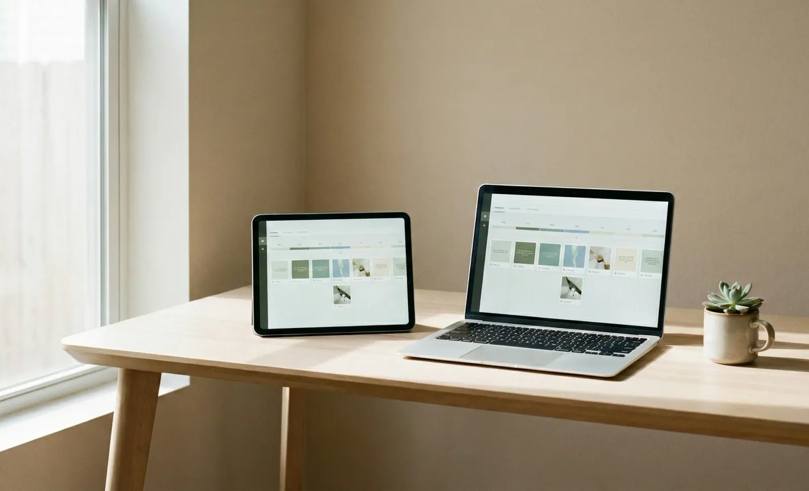 Tablet and laptop on a wooden table showing a weekly calendar layout